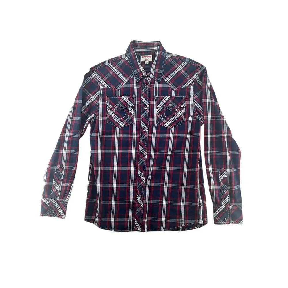 True Religion Plaid Western Shirt Mens M Red Blue Pearl Snap Flap Pocket